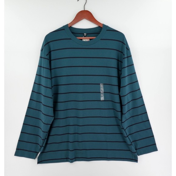 Uniqlo Other - Uniqlo Shirt Mens XL Green Striped Crew Neck Relaxed Fit Oversized Comfort